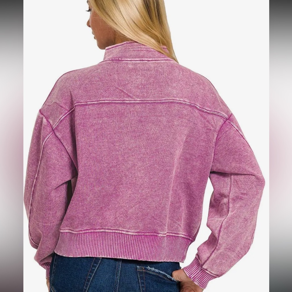 Women’s Washed Grey Quarter-Zip Pullover Sweatshirt - Picture 2 of 10